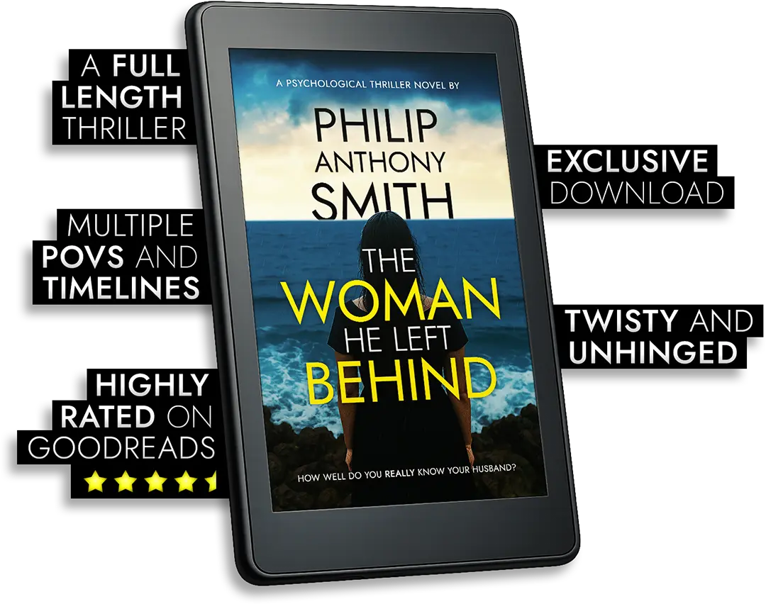 The cover of a free psychological thriller, The Woman He Left Behind, by Philip Anthony Smith.